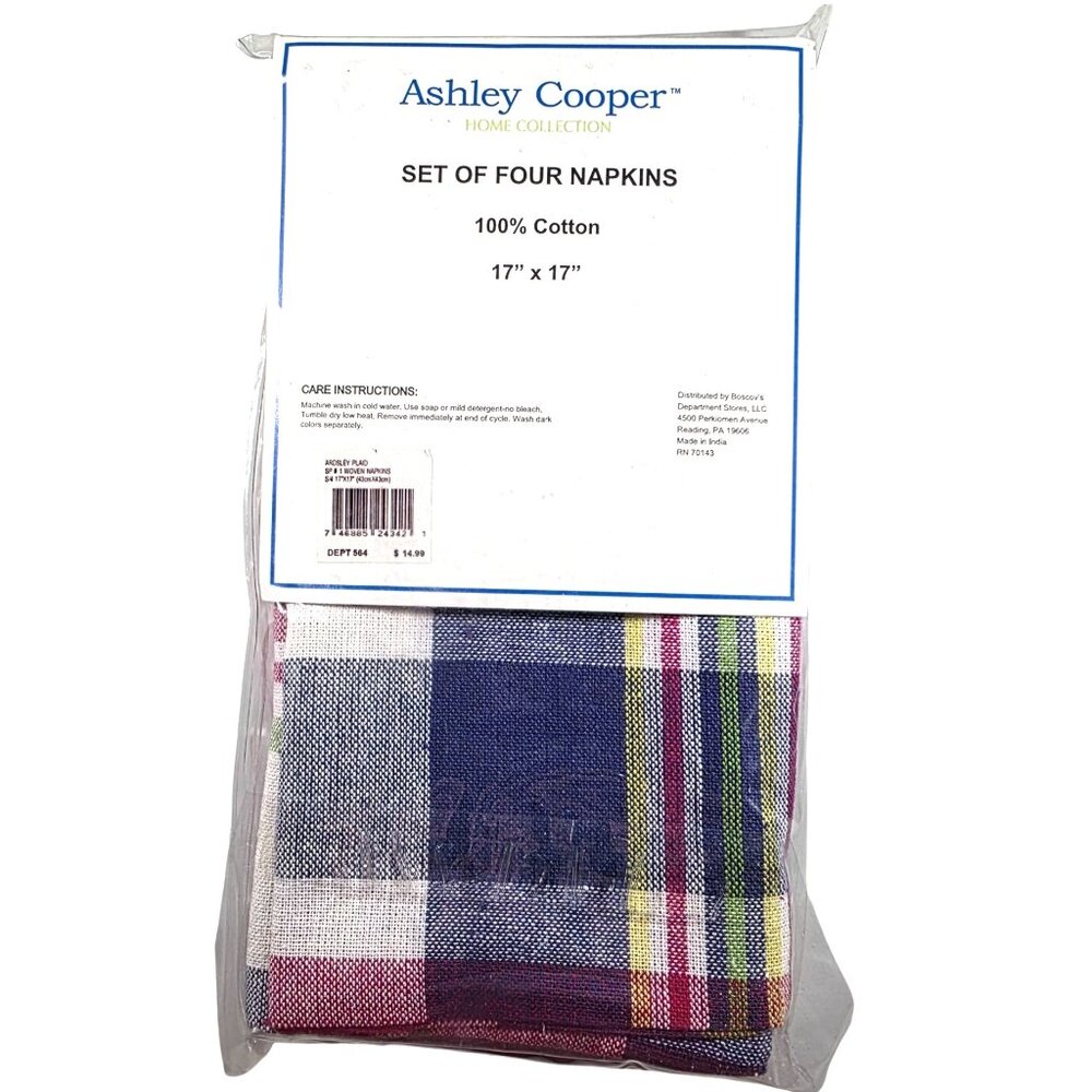 Set Of 4 Plaid Cotton Napkins Ashley Cooper Ardsley blue red green table linens